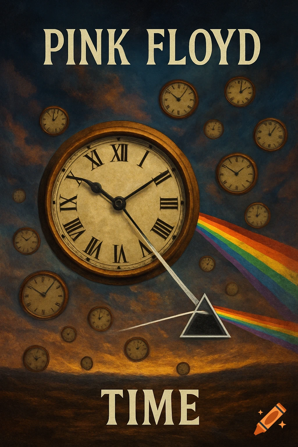 Artistic rendering of clocks, a prism, and a rainbow, with text 'PINK FLOYD' and 'TIME'.