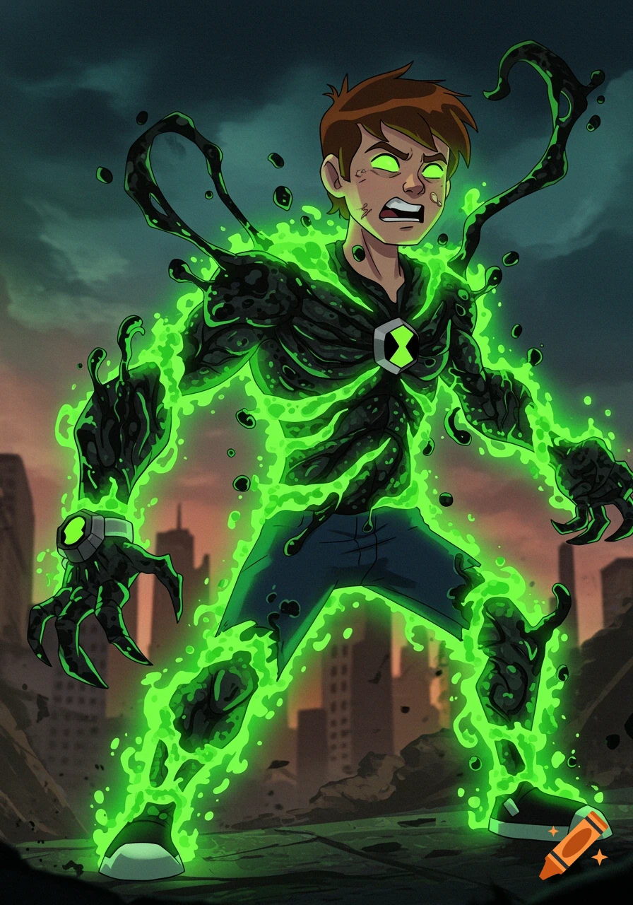Ben 10 cartoon character transforming into a black symbiote with green glowing energy in a ruined city.