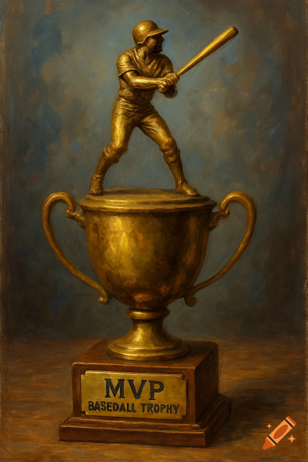Golden baseball player statue on an MVP trophy, painting style