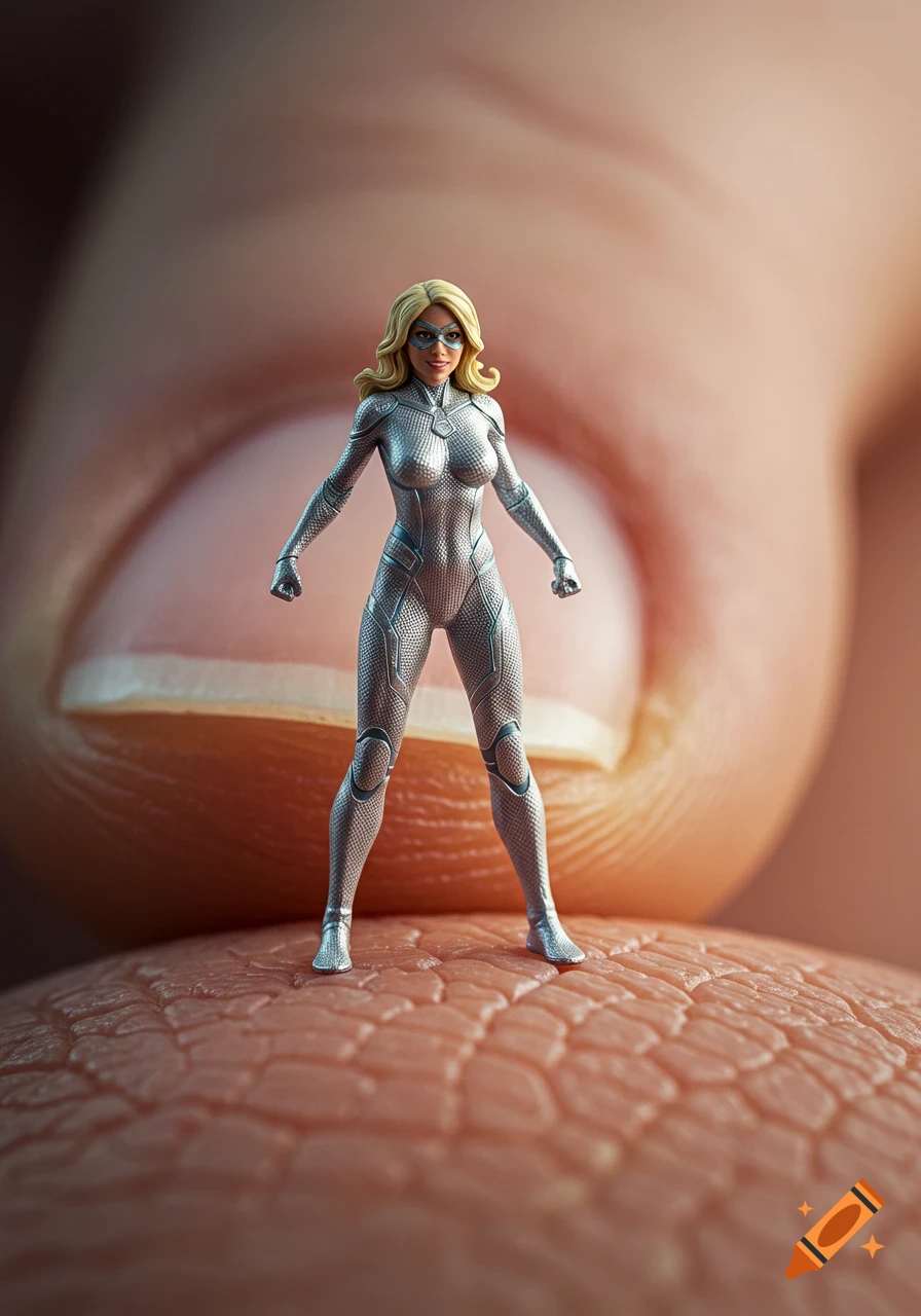 Macro photo of a tiny blonde superheroine figurine in a silver suit standing on a fingertip.