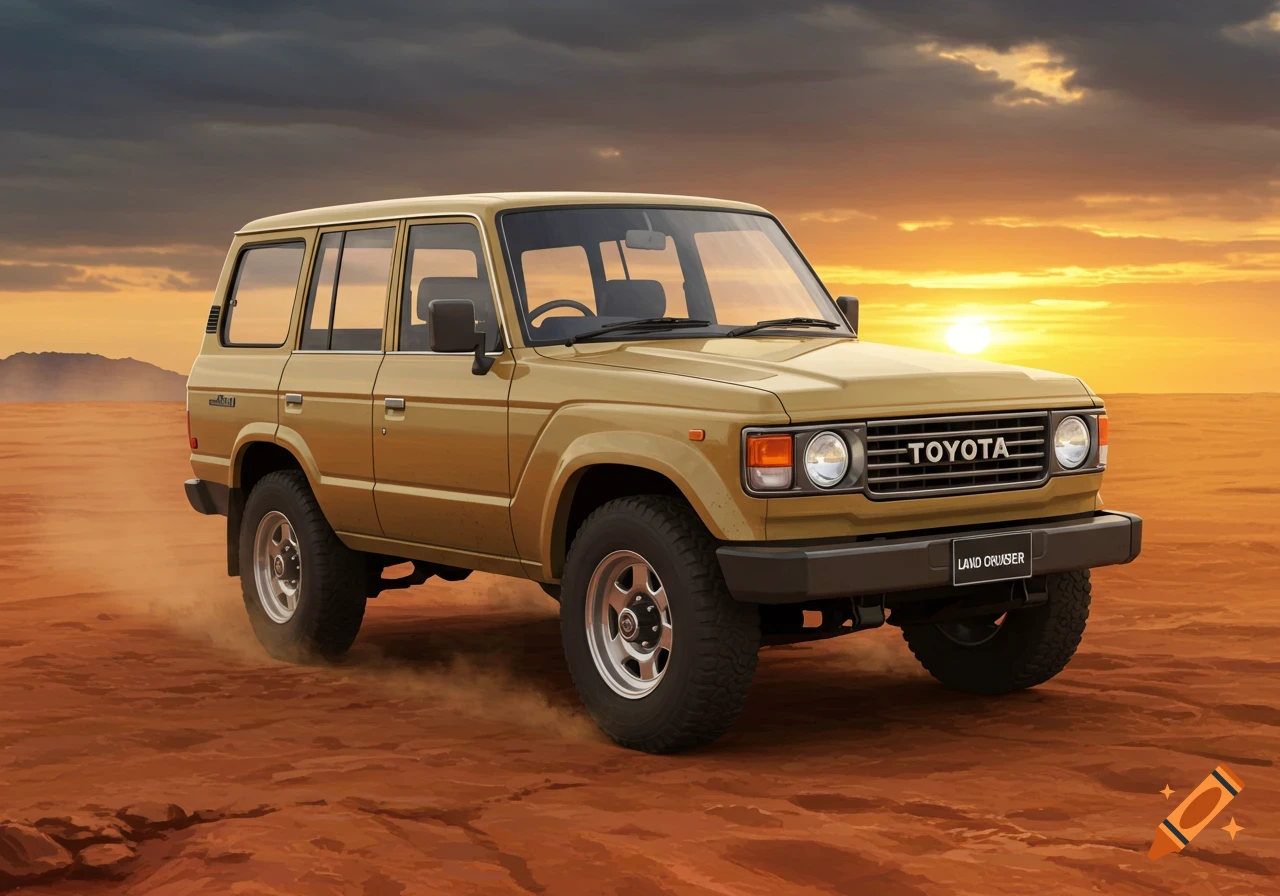 Beige Toyota Land Cruiser driving on sand at sunset.