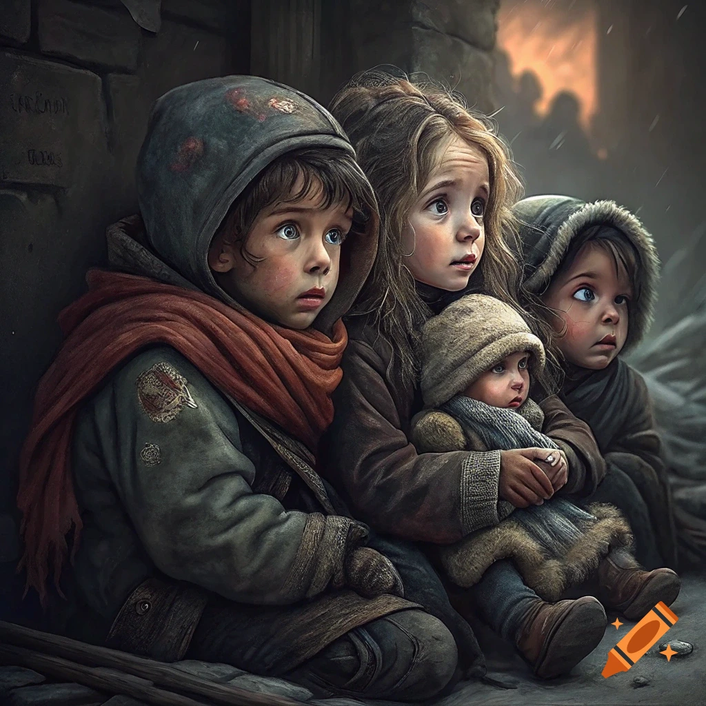 Three sad children in rags huddle together in a cold, bleak setting, illustration.