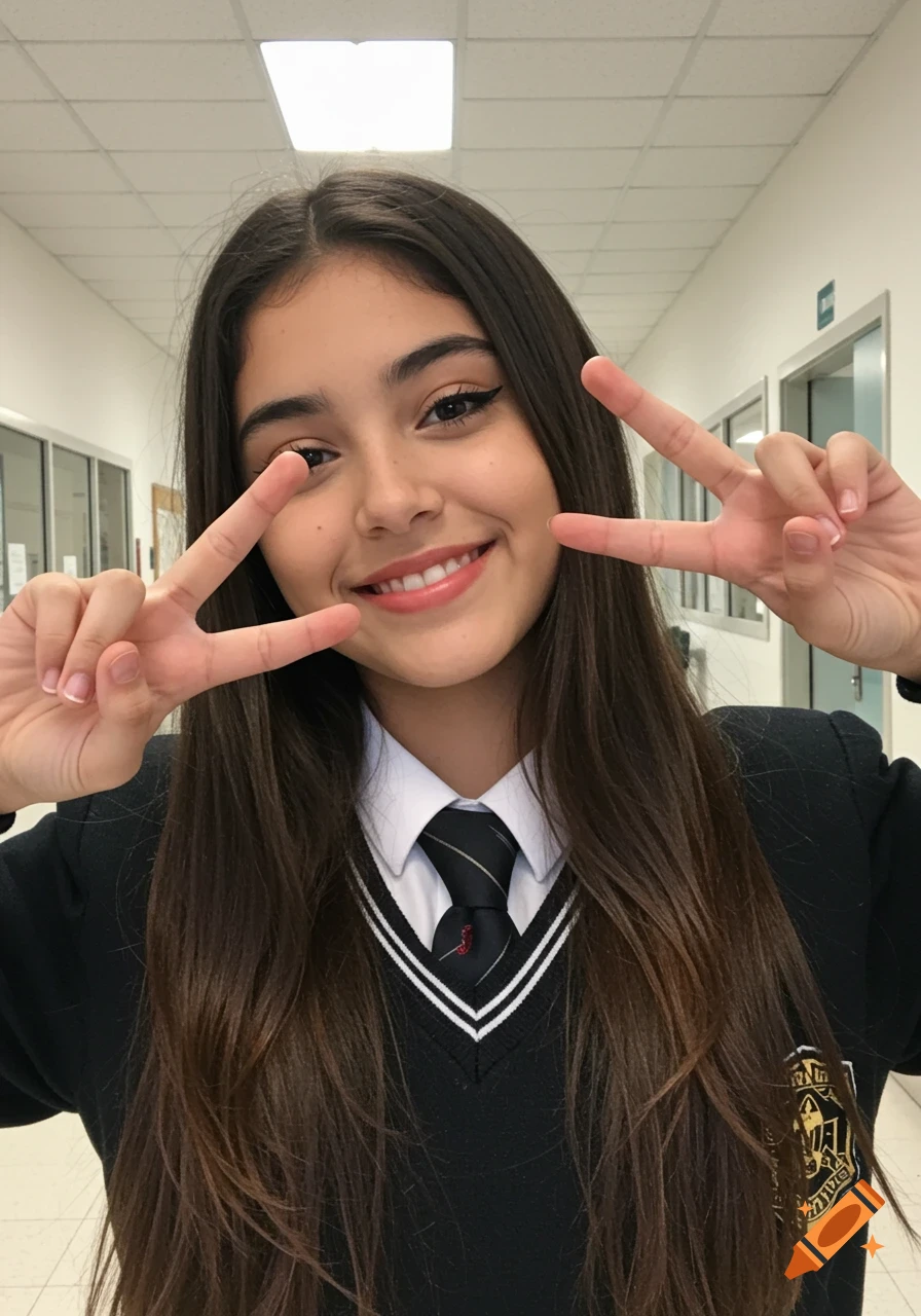 A young woman in a school uniform makes a peace sign in a hallway.