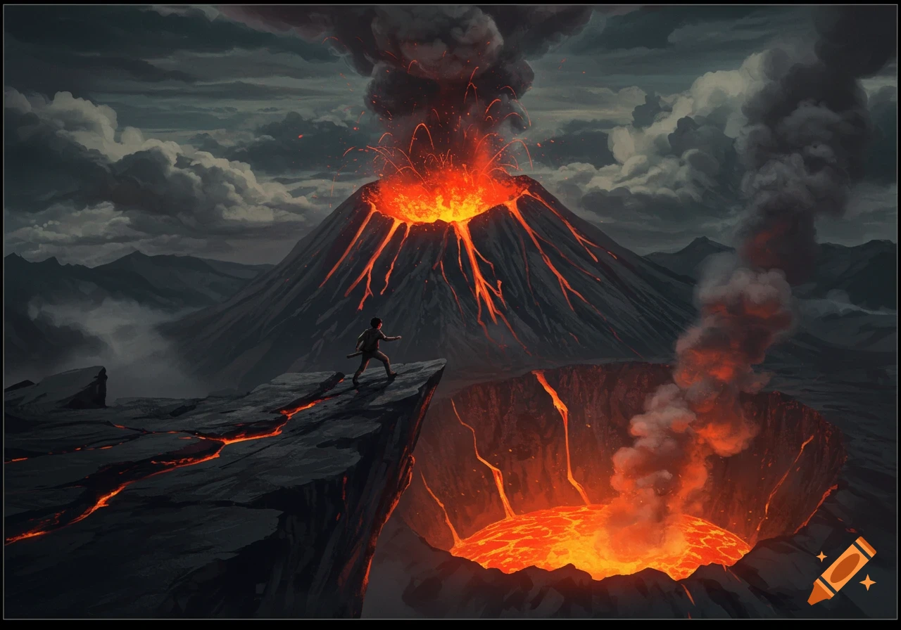 A person stands on a rock ledge overlooking a pit of lava and an erupting volcano under a dark sky.