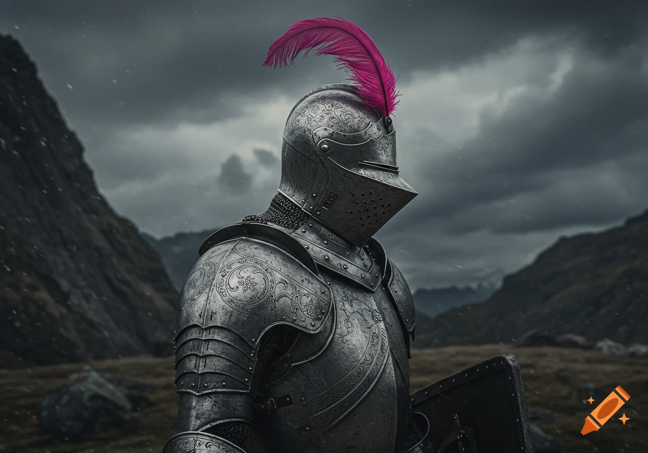 Knight in silver armor with pink feather stands in a stormy mountain landscape.