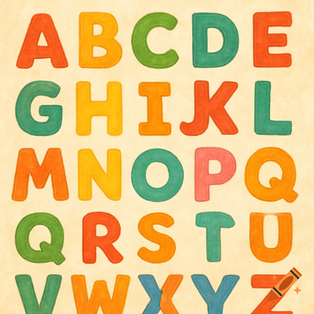 Colorful felt letters A-Z on a tan background
