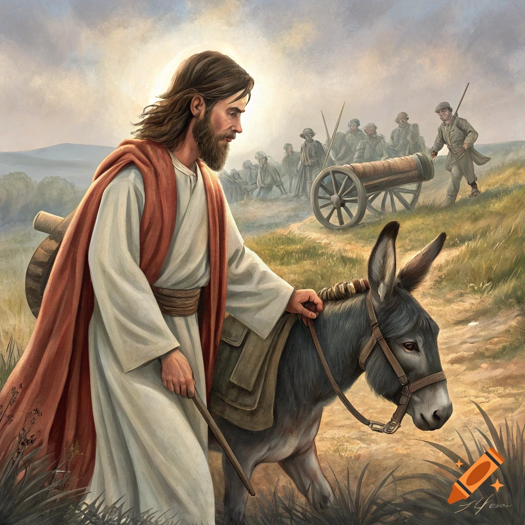 Jesus walks beside a donkey past soldiers and a cannon on a hill in a painting style.