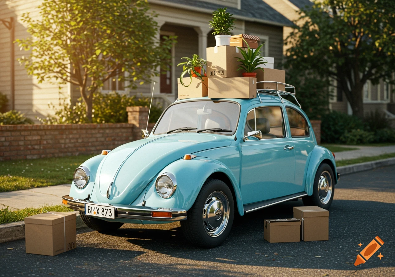 A light blue Volkswagen Beetle packed with boxes and plants on its roof rack, parked on a street in front of a house.