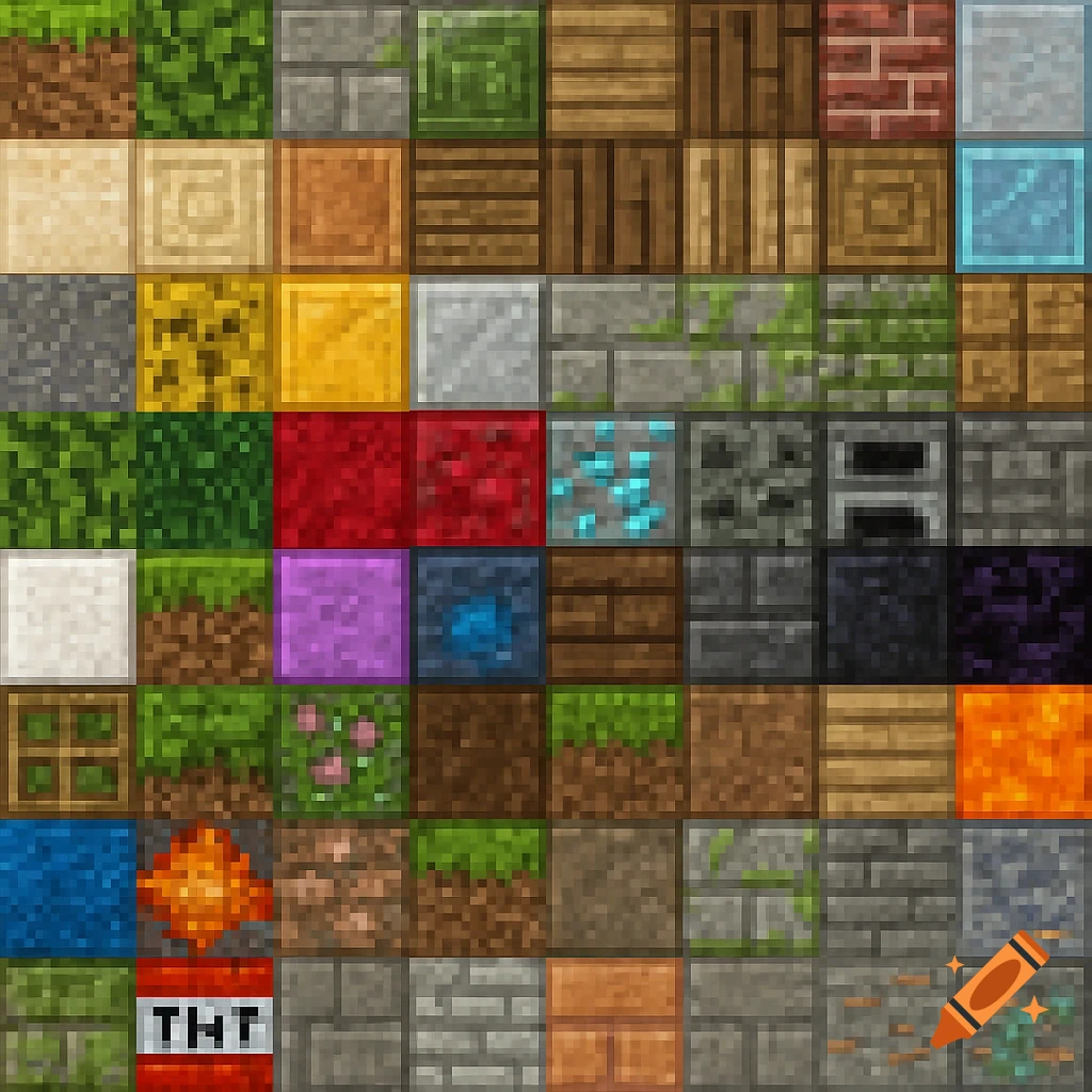 A grid of various pixelated minecraft-style textures, including grass, wood, stone, ore, and TNT.