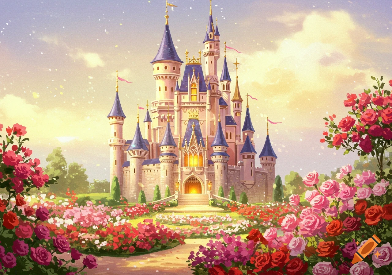 An illustration of a fantasy castle surrounded by abundant rose gardens at sunset.