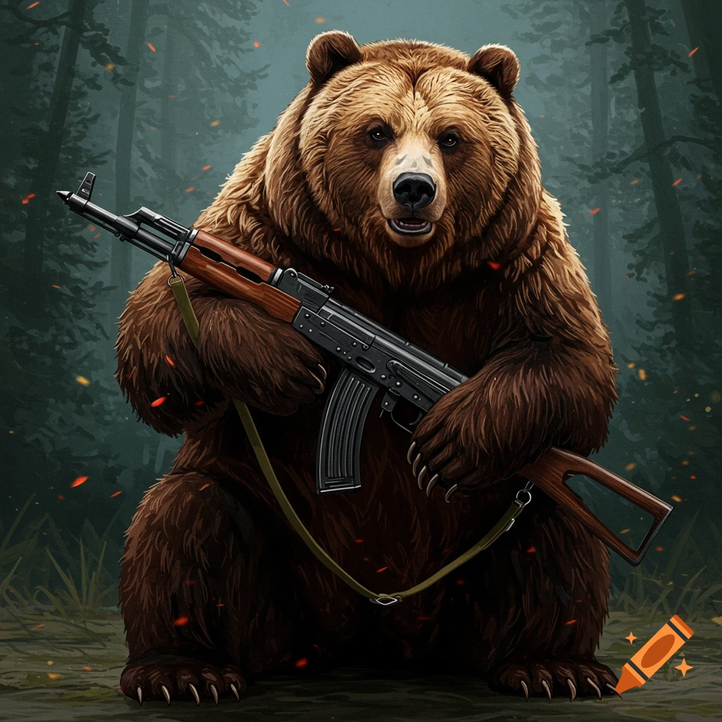 An illustration of a bear sitting in a forest, holding an AK-47 assault rifle.