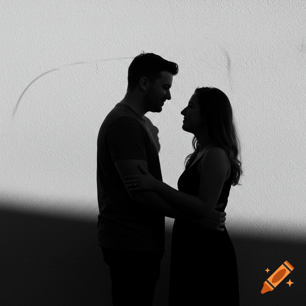 Silhouette of a couple standing close, their shadows on a wall.