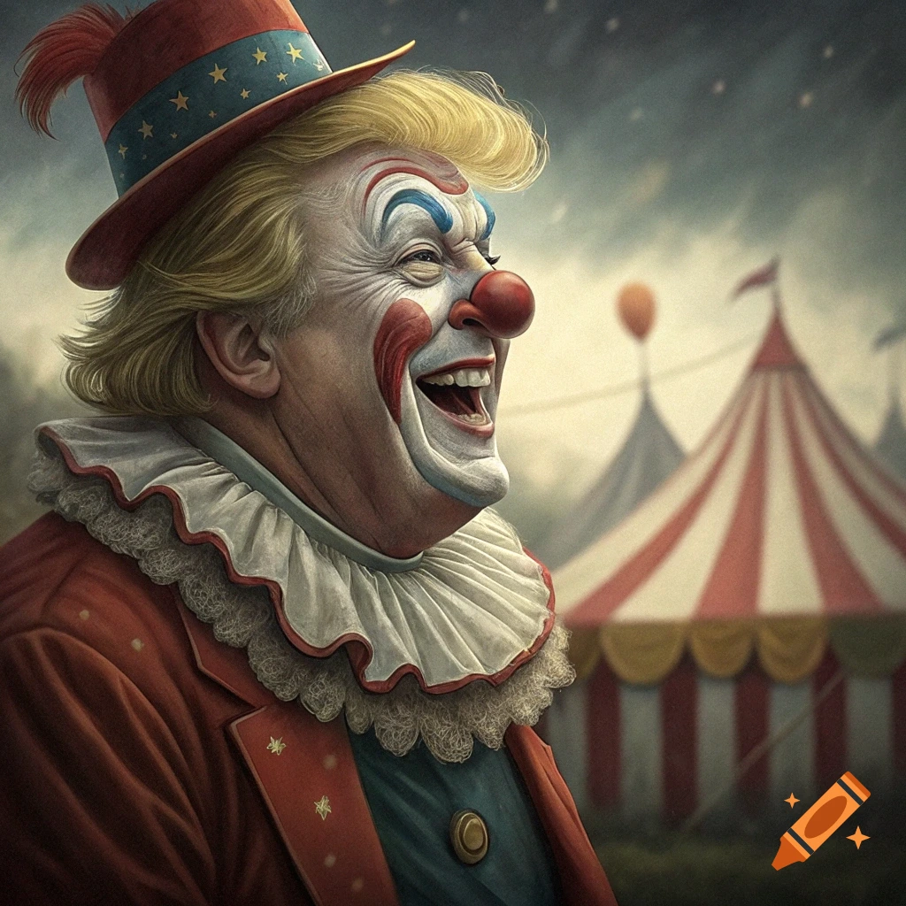 Close-up portrait of a laughing clown in makeup, hat, and ruff collar with a circus tent in the background.