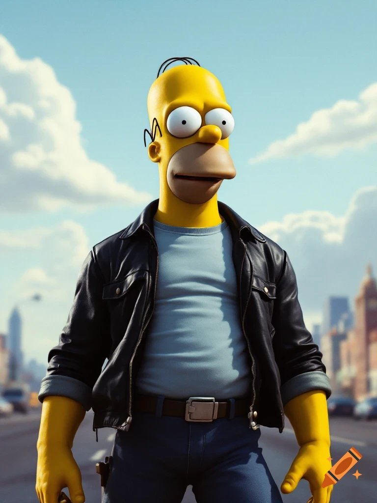 3D render of Homer Simpson wearing a leather jacket and standing on a city street.