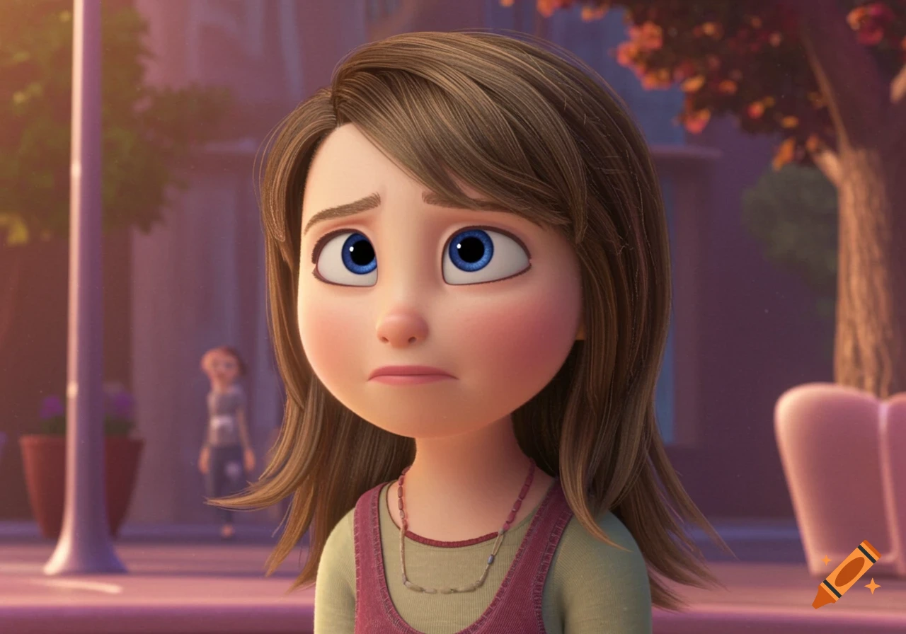 3D animation of Riley Andersen looking sad