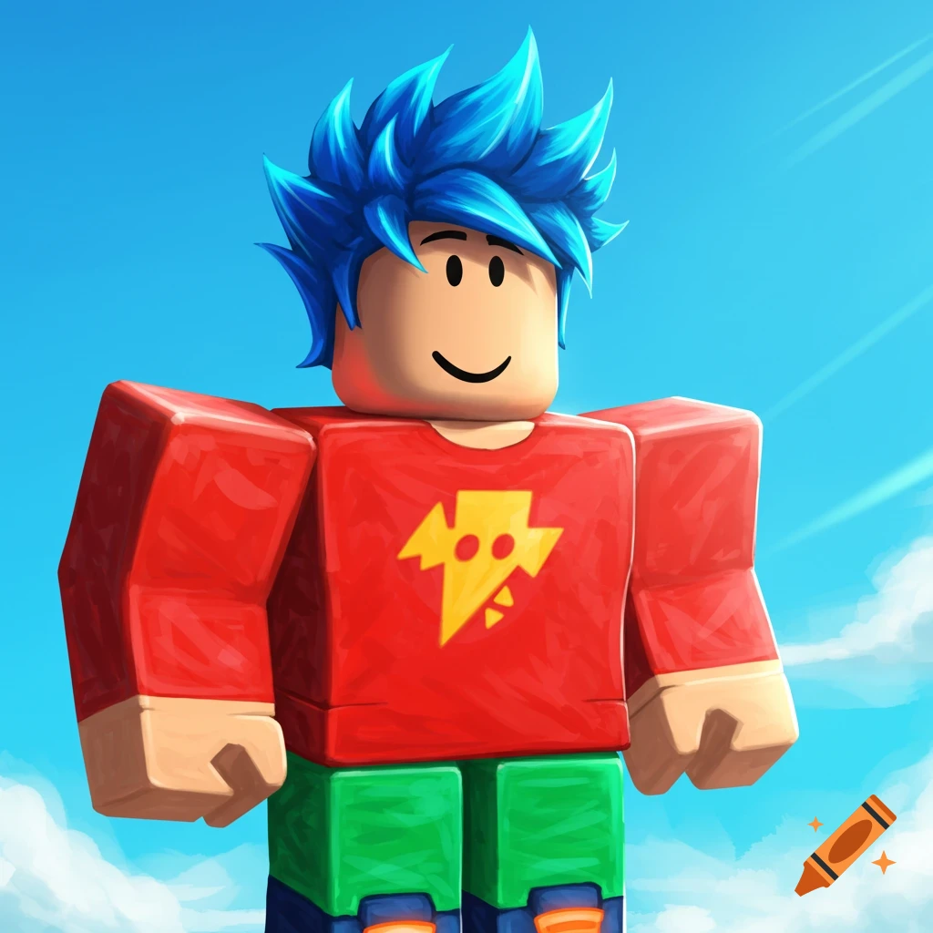 Roblox avatar with blue spiky hair, red shirt, and green pants against a blue sky.