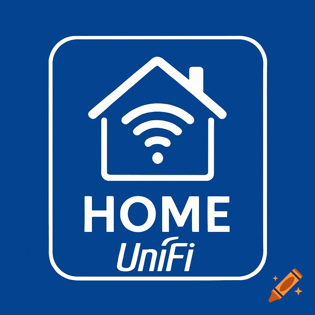 Blue square logo with rounded corners featuring a white outline of a house with a wifi symbol inside, above the text "HOME" and "UniFi".
