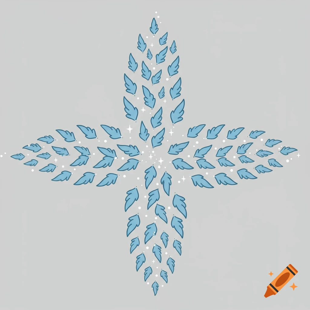 Abstract formation of blue wings arranged in a cross shape with white sparkles on a gray background.