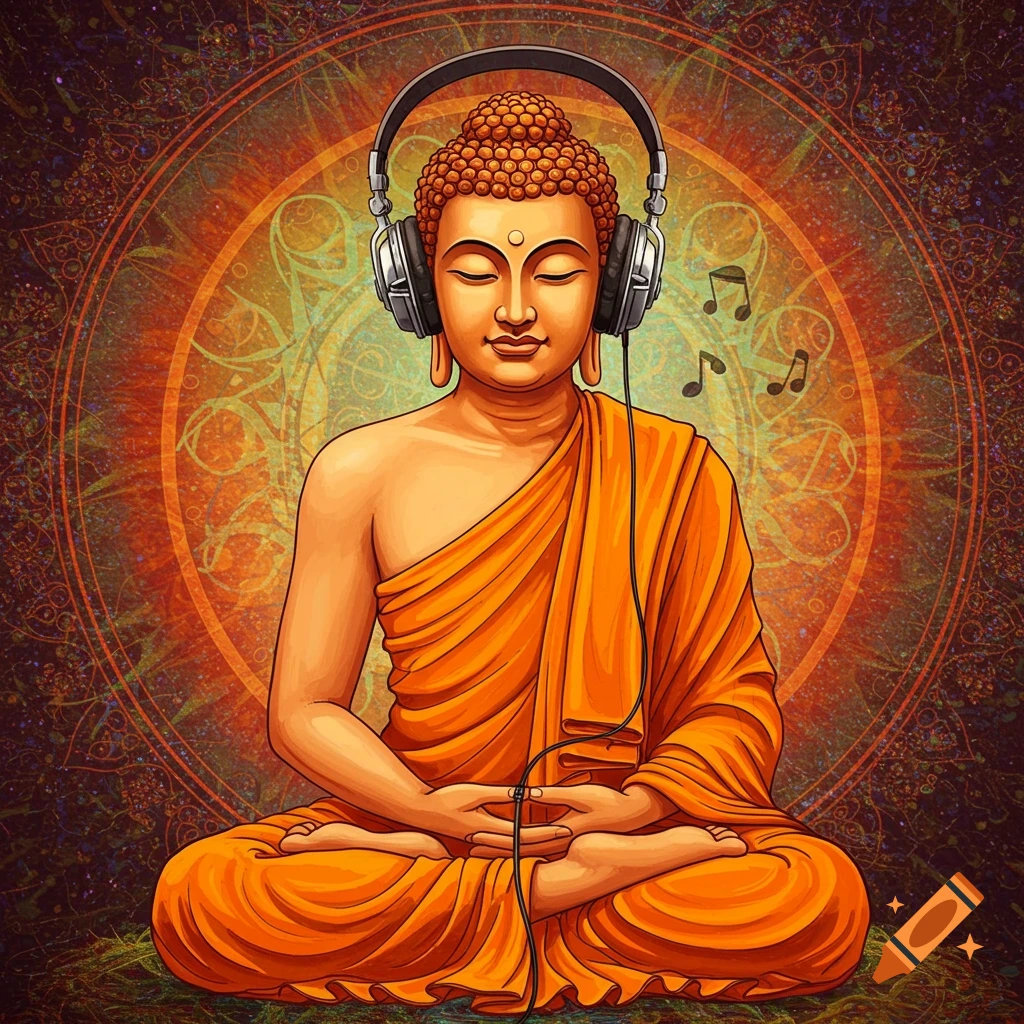Stylized illustration of Buddha meditating with headphones and musical notes, against a mandala background.