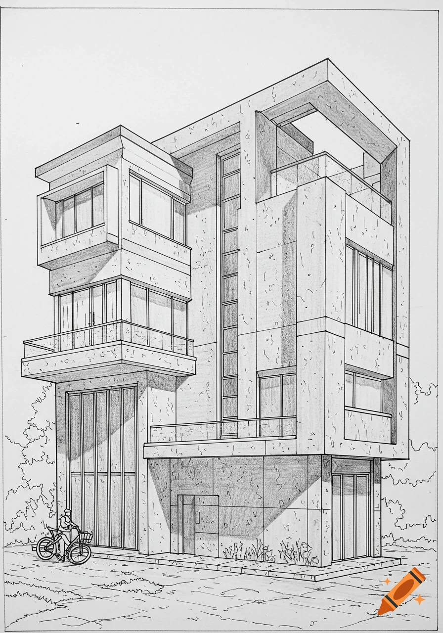 Black and white line drawing of a modern building with a person on a bicycle.