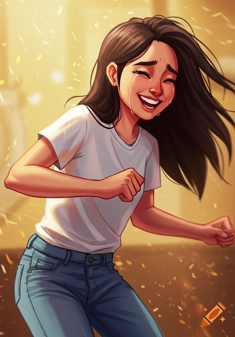Stylized illustration of a young woman crying tears of joy while dancing.