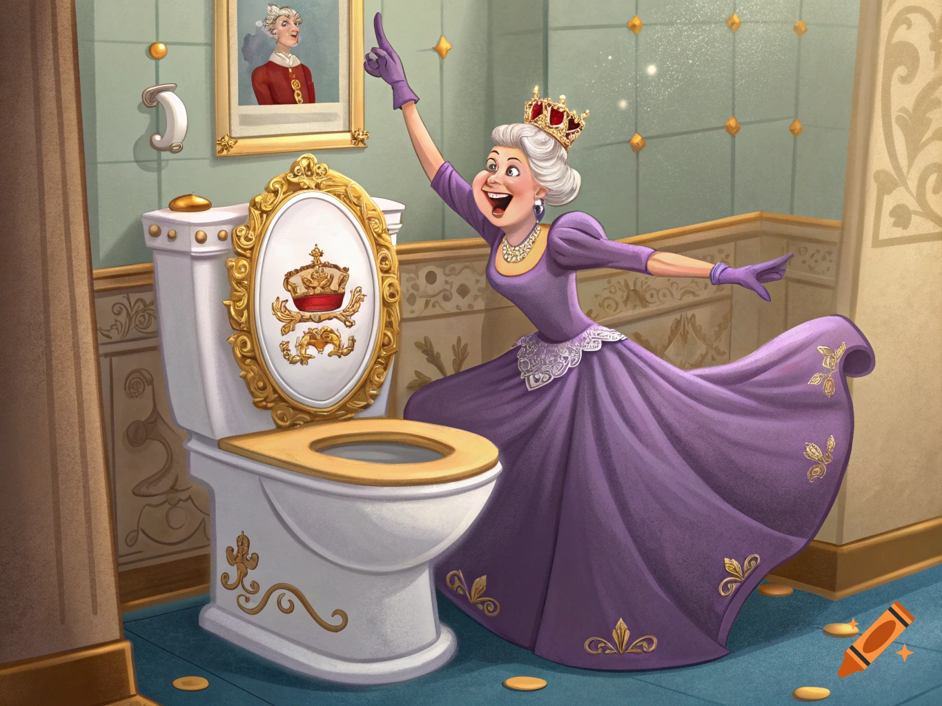 A cartoon queen in a purple dress points excitedly at an ornate toilet in a lavish bathroom. Stylized illustration.