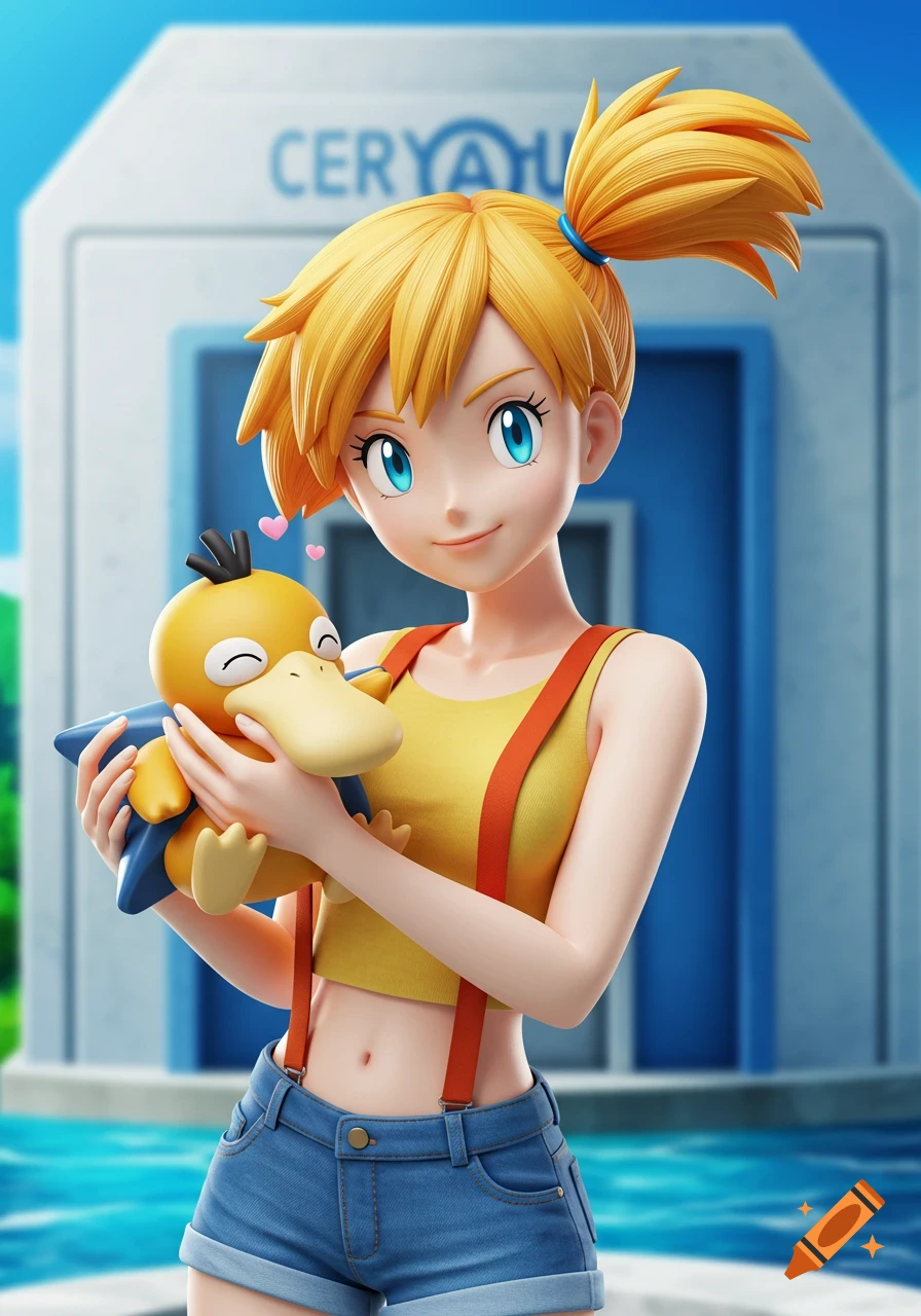 Misty from Pokémon holds Psyduck by a pool in front of a building.