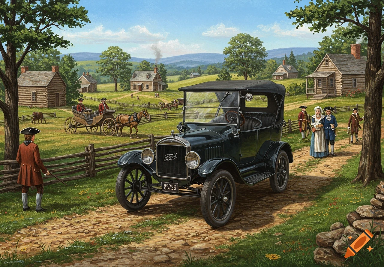 A black vintage Ford Model T car on a dirt road in a rural 1776 American landscape with people in colonial attire.