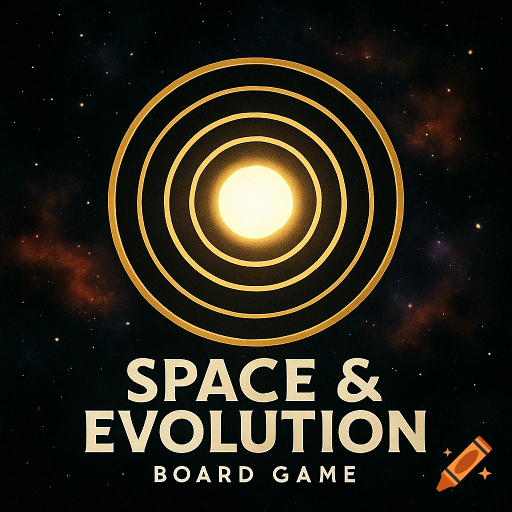 A logo for Space & Evolution board game featuring concentric gold rings around a bright center on a space background.