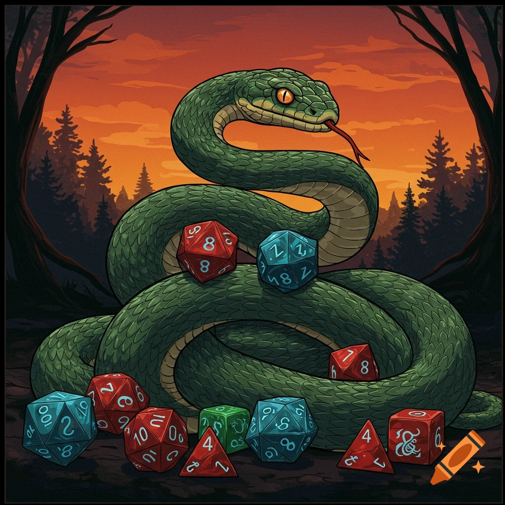An illustration of a large green snake coiled around red, blue, and green RPG dice in a forest at sunset.