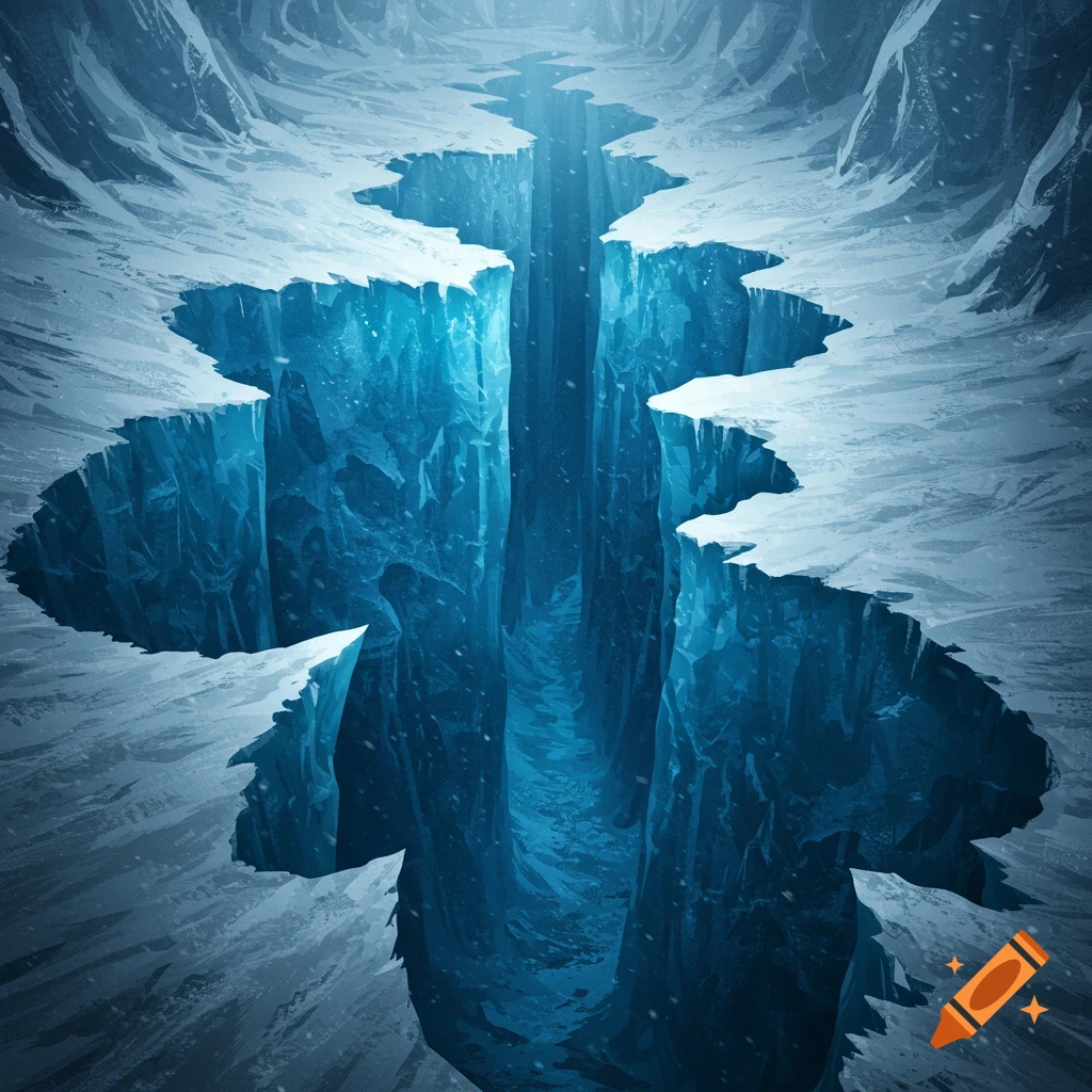 A deep, narrow crevasse cuts through a snowy, icy landscape under a blue sky. Digital painting.