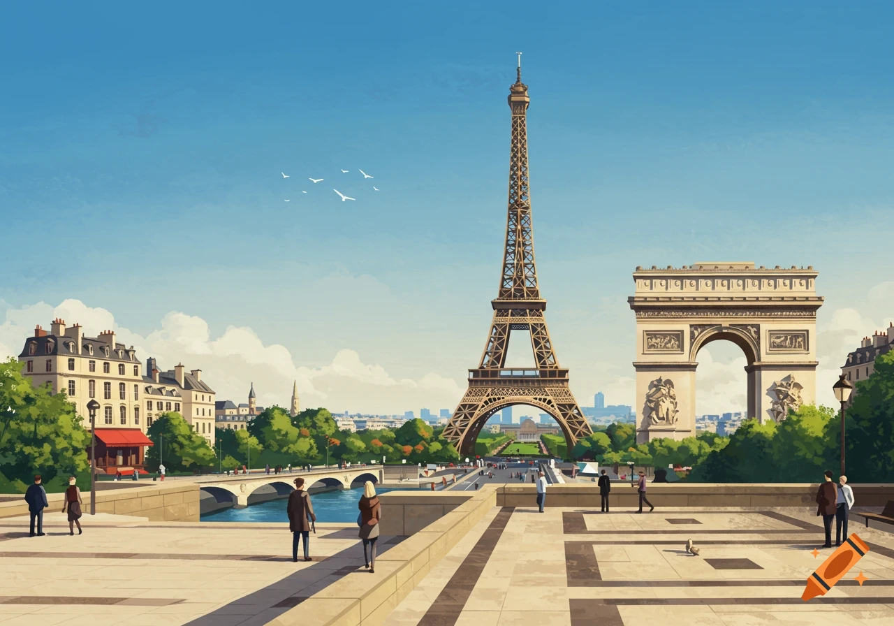 Stylized illustration of the Eiffel Tower and Arc de Triomphe in Paris