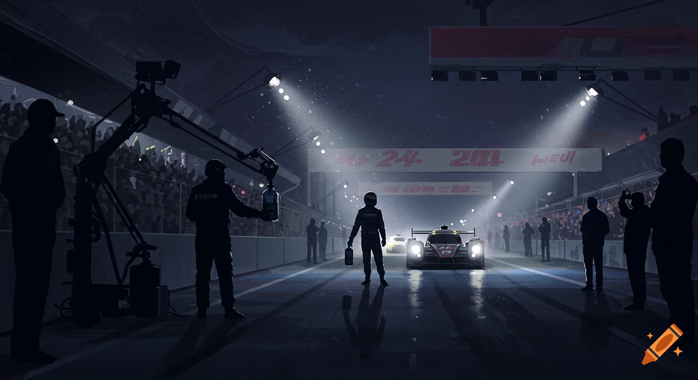 Illustrated scene of a night pit stop during a race, with a driver, mechanic, race cars, and spectators on the track.
