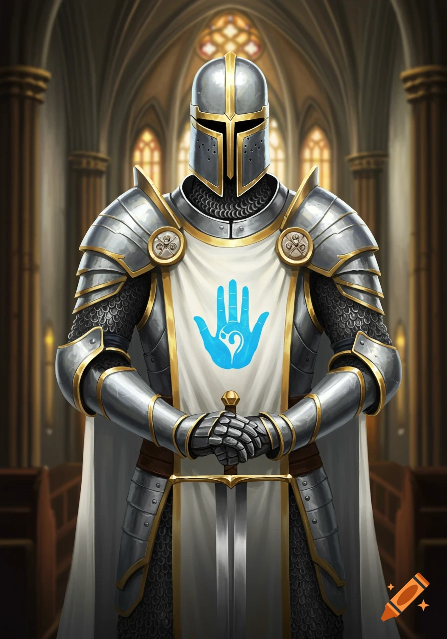 A knight in silver plate armor and a white surcoat with a blue open palm symbol stands in a church.