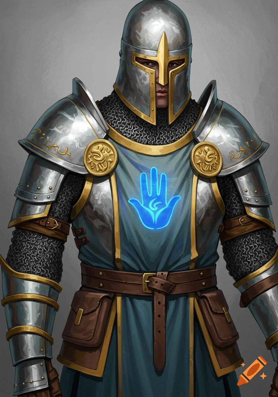 A cleric or knight in full plate armor and chainmail wears a blue surcoat with an glowing open palm symbol.