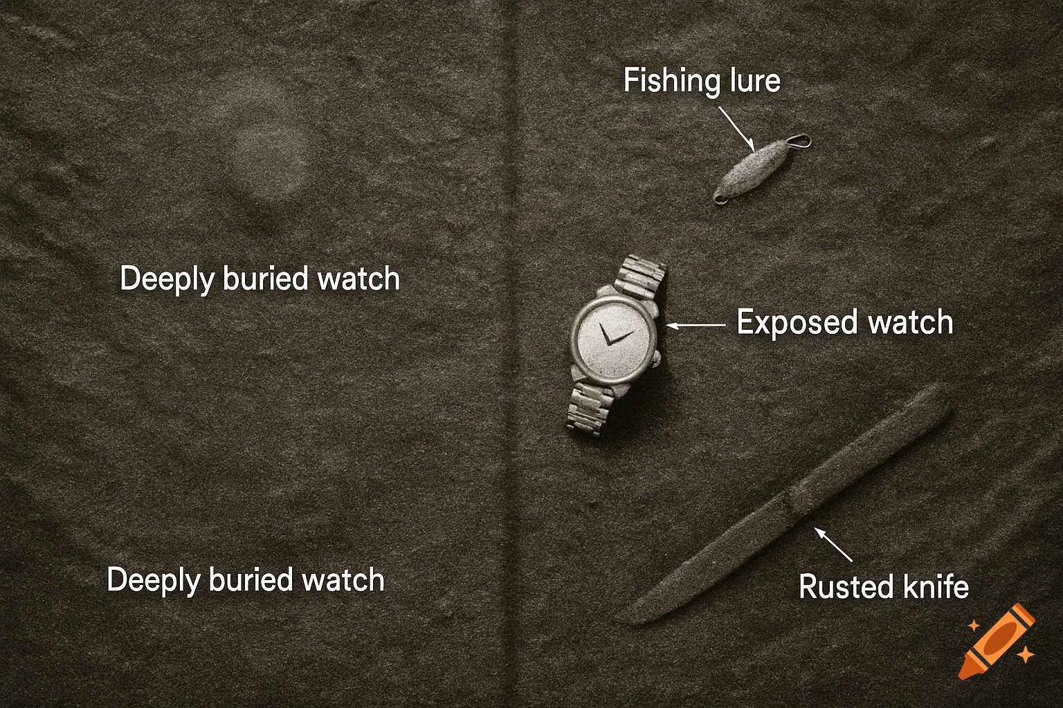 A grayscale side-scan sonar image of a lakebed showing an exposed watch, a fishing lure, and a rusted knife, with labels.