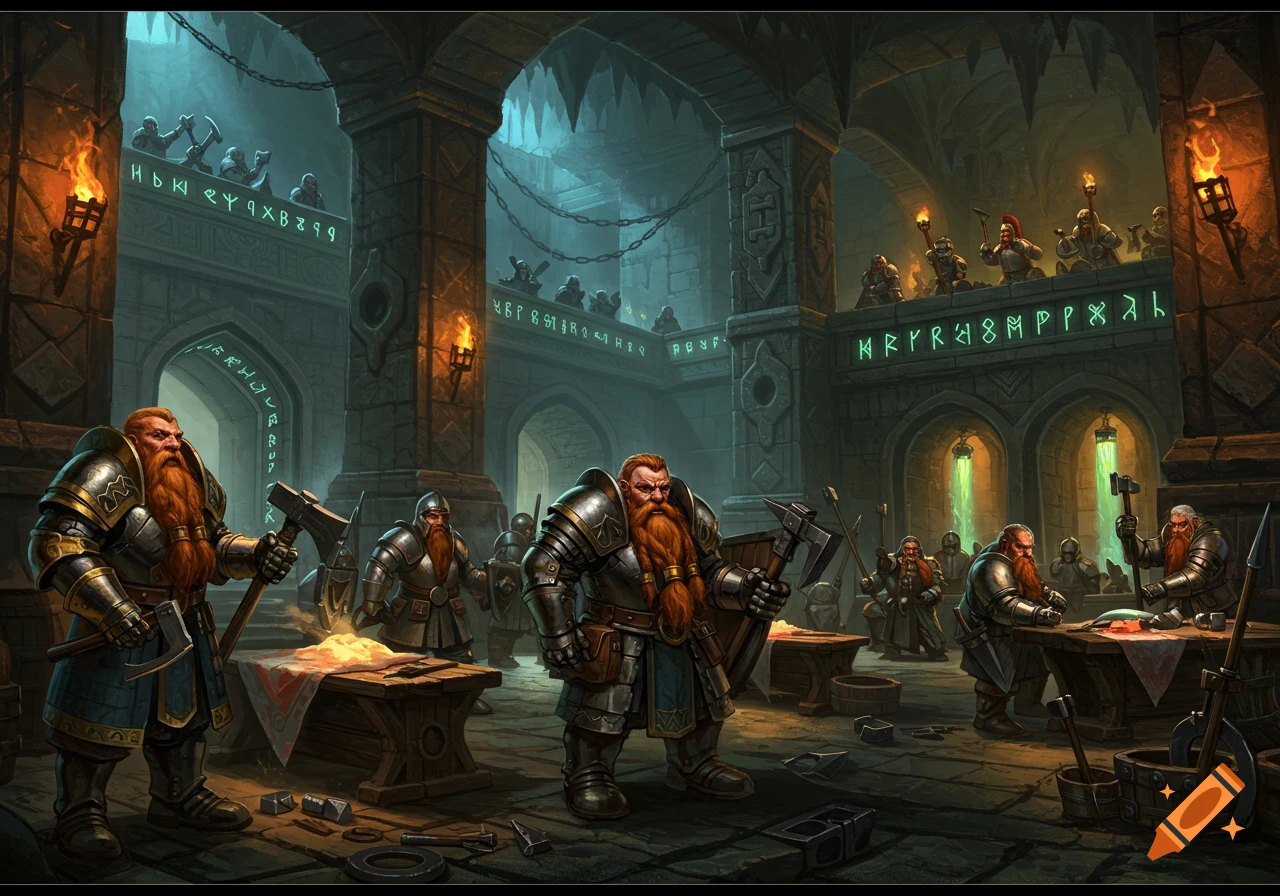 Fantasy dwarves working and observing in an underground military garrison hall with glowing runes.