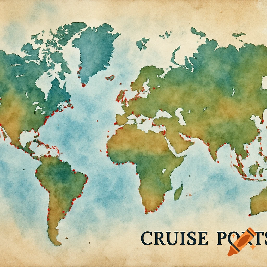 Watercolor world map showing red dots marking cruise ports and the text "CRUISE PORTS".
