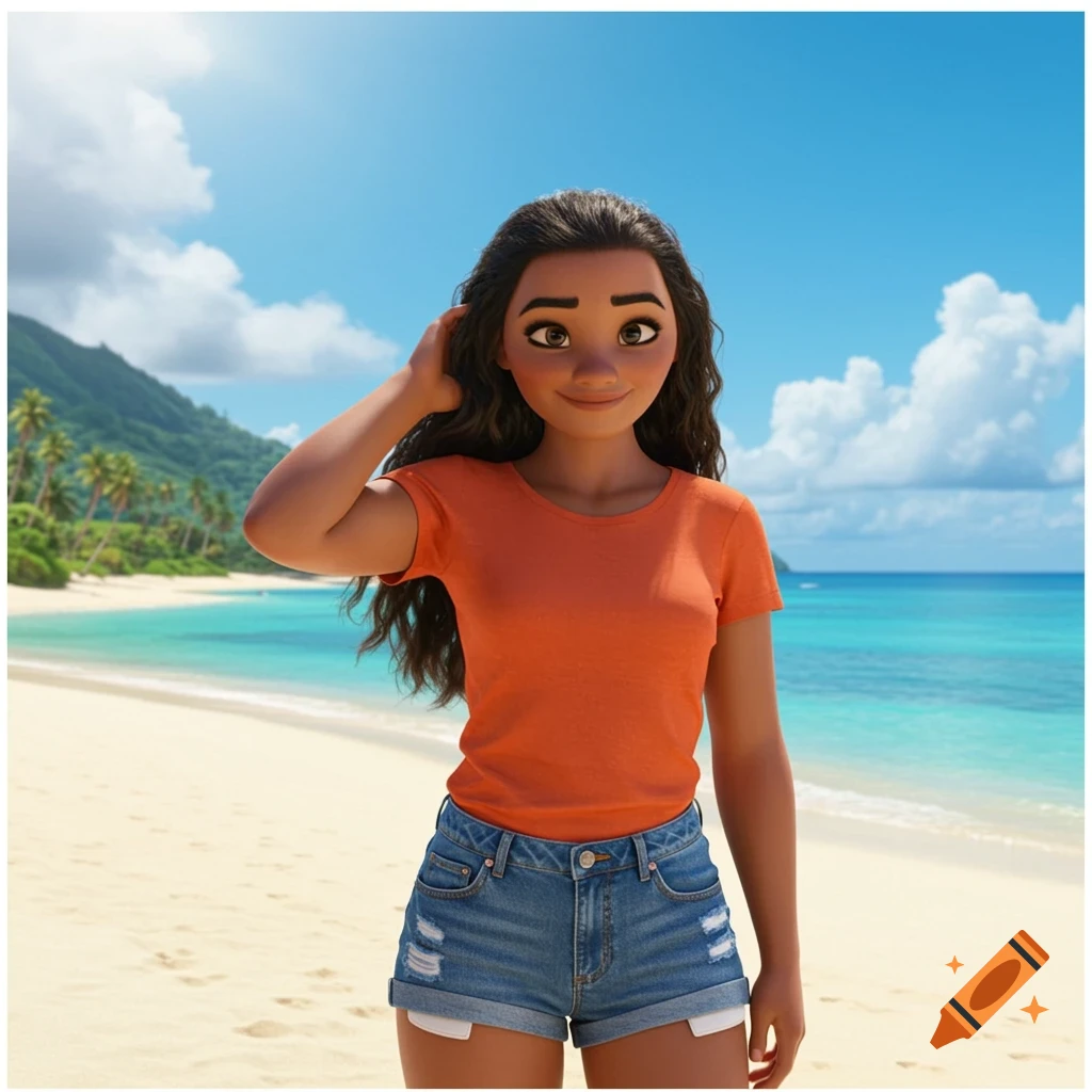 CGI character resembling Moana in an orange t-shirt and denim shorts standing on a beach