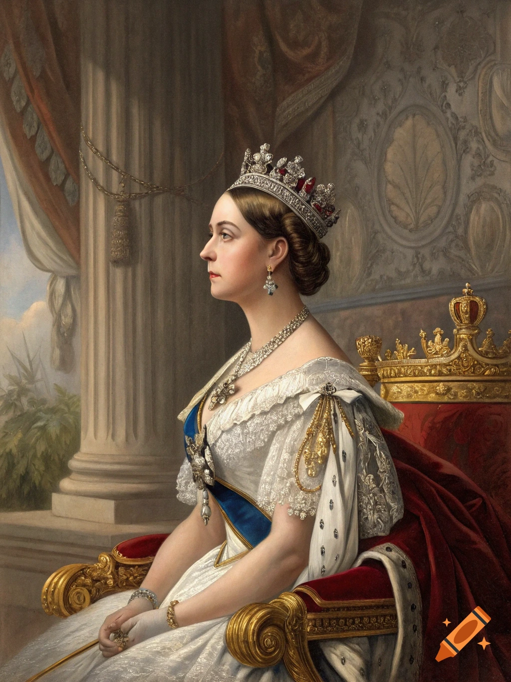 Portrait of a woman wearing a crown and elaborate dress, seated in a chair, painting style