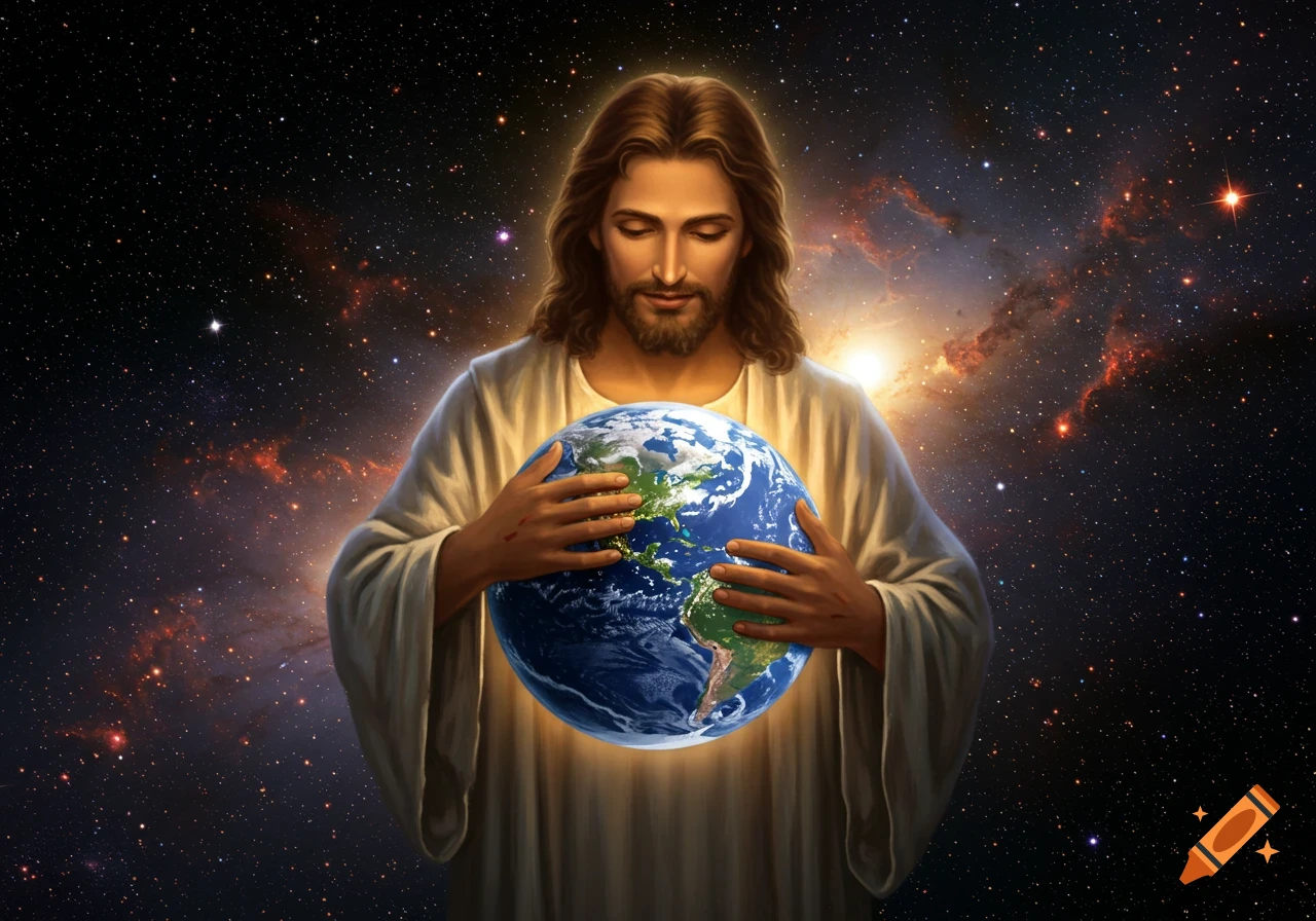 Jesus holds the Earth in outer space among stars and nebulae.
