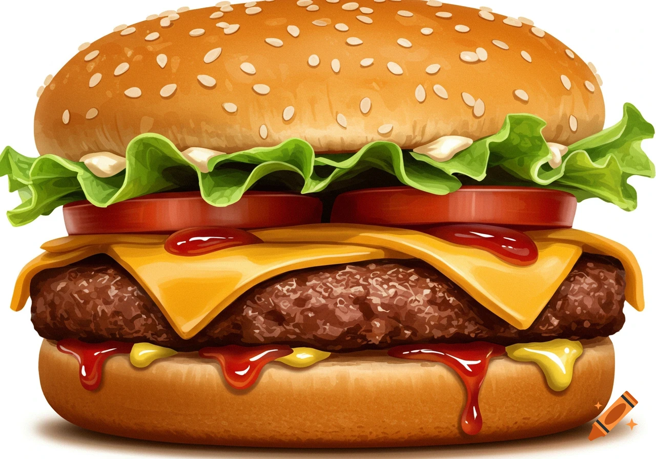 Illustration of a detailed cheeseburger with cheese, lettuce, tomato, and sauce.