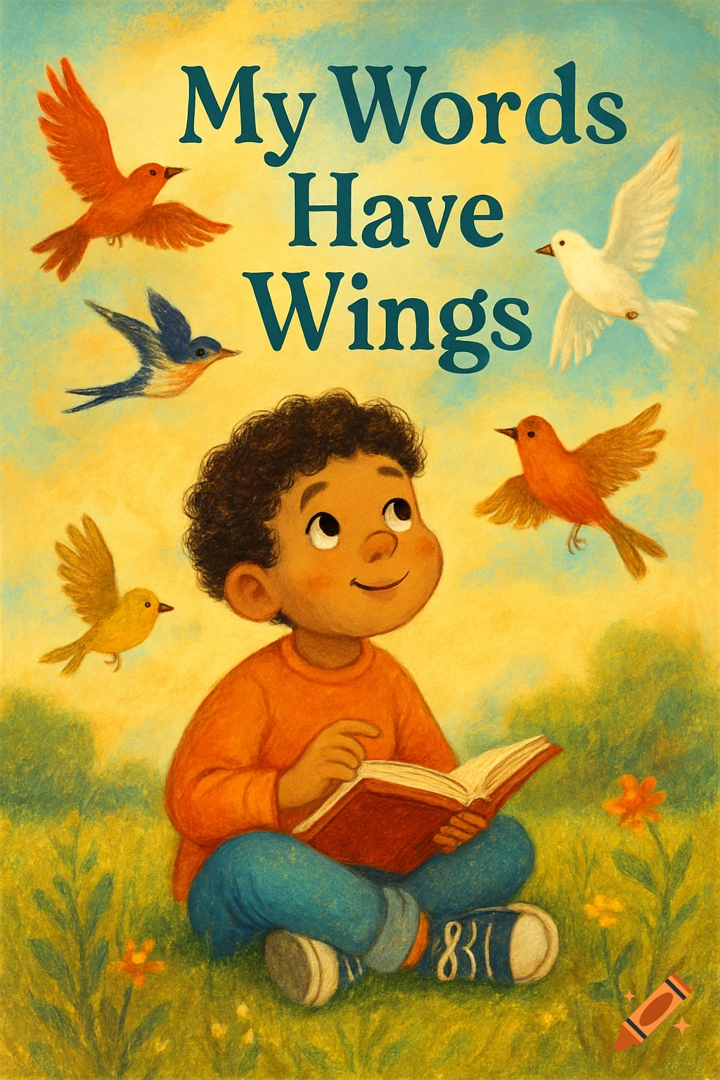 Child reads book outdoors, looks up at flying birds, text 'My Words Have Wings', illustration style.