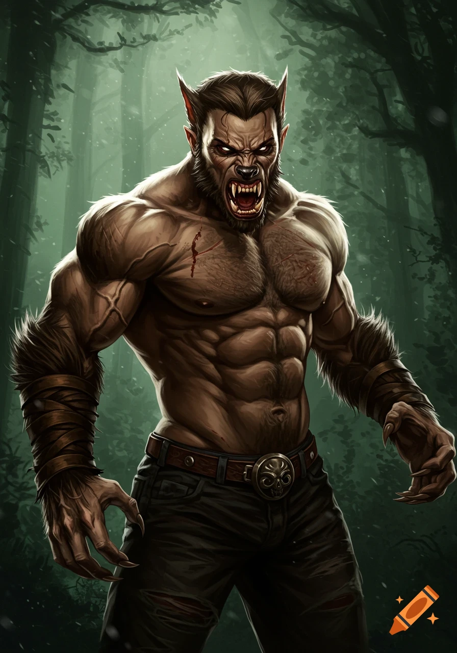 A muscular werewolf with glowing eyes and fangs stands in a dark forest.