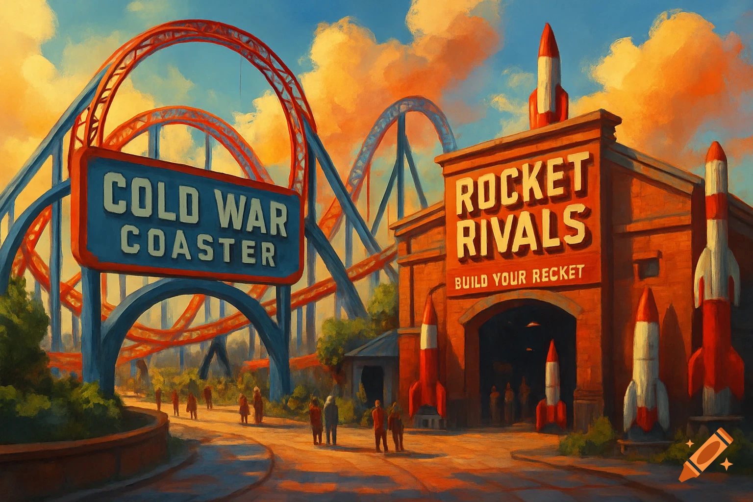 Painting of a theme park area with a 'Cold War Coaster' roller coaster and a building for 'Rocket Rivals' with rocket decorations.