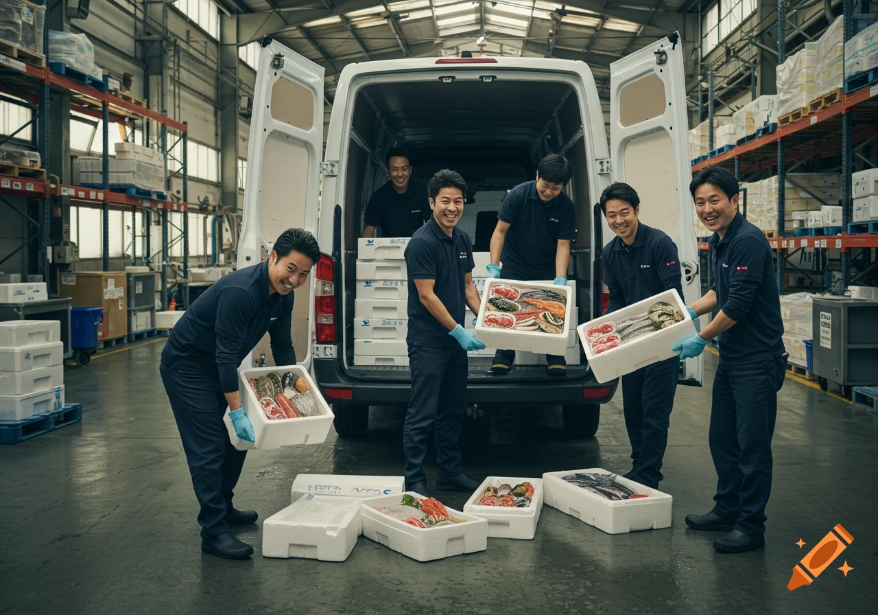 Japanese warehousemen loading boxes of seafood into a van inside a warehouse.
