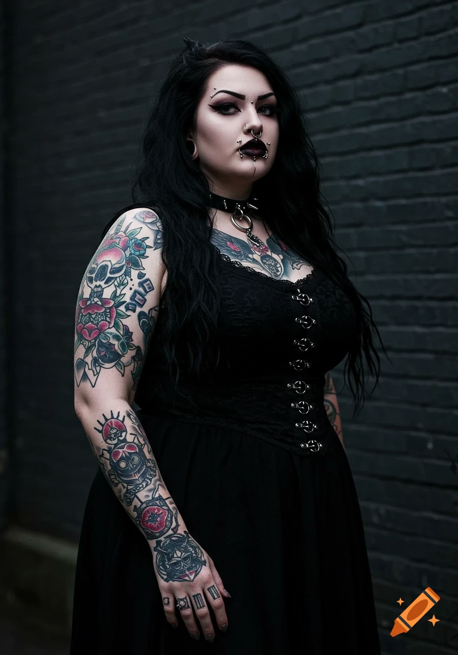 A goth woman with tattoos and piercings wearing a black dress stands against a brick wall.
