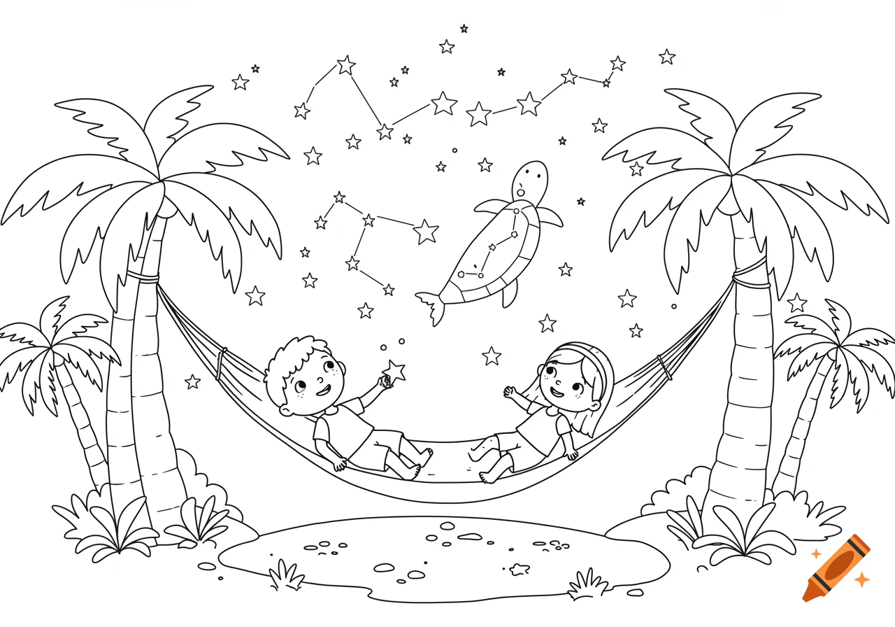 Black and white line art of two kids in a hammock stargazing at constellations and a turtle shape in the sky, coloring book page.