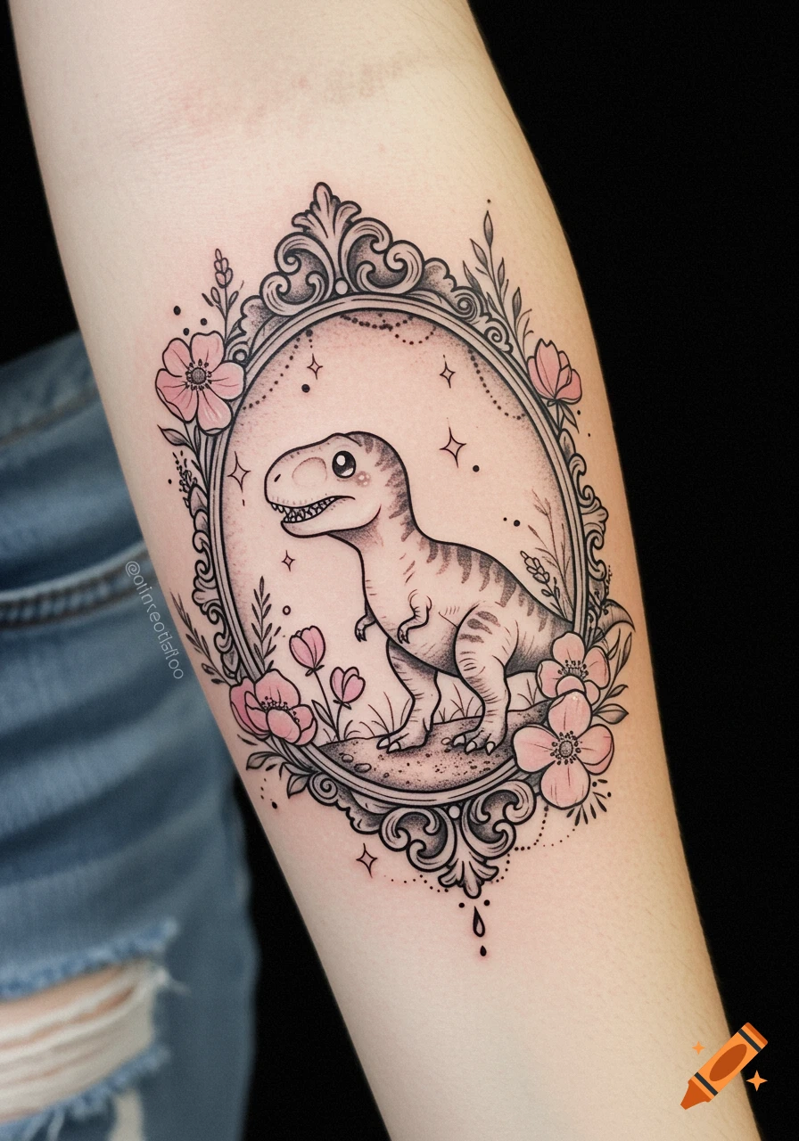 A tattoo on a forearm shows a cute T-Rex in an oval baroque-style frame surrounded by pink flowers.