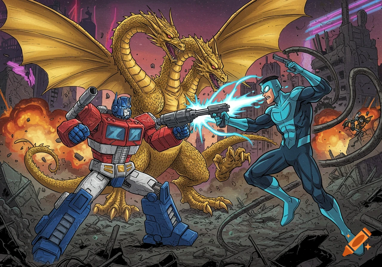 Optimus Prime battles King Ghidorah while Invincible fights in a destroyed city in manga art style.